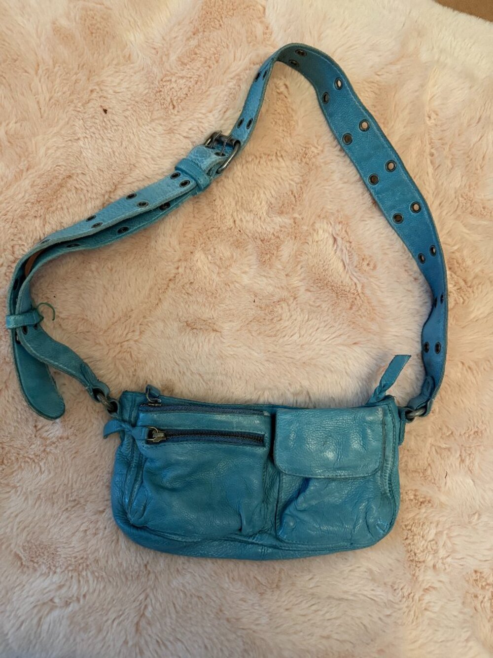 Free People Turquoise Distressed Leather Grommet Crossbody Bag
